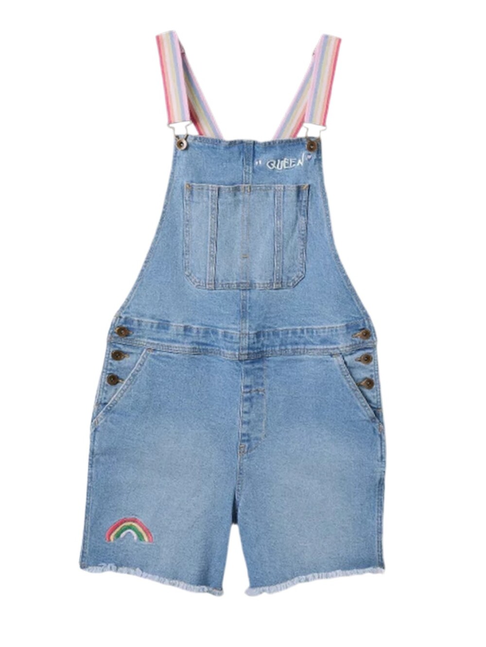 NEW Rainbow & Queen Adult Embroidered Jean Denim Shortalls Overalls Pride Size L